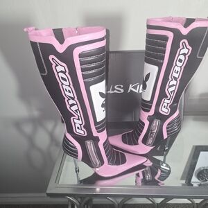Playboy Pink & Black Knee-High Boots – Size 9 – NEW